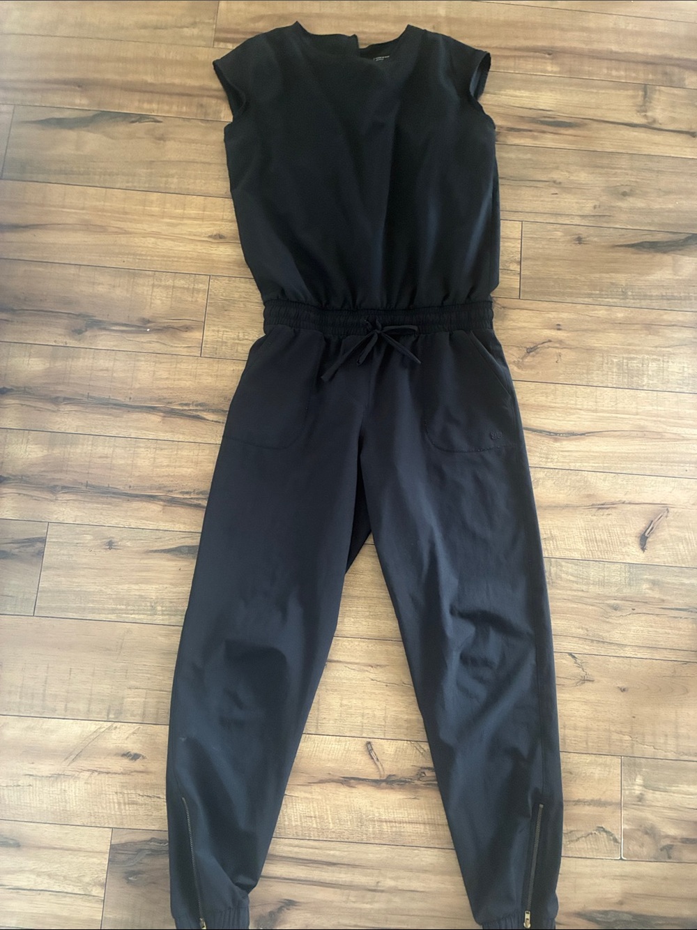 Black Short-Sleeve Drawstring Jumpsuit